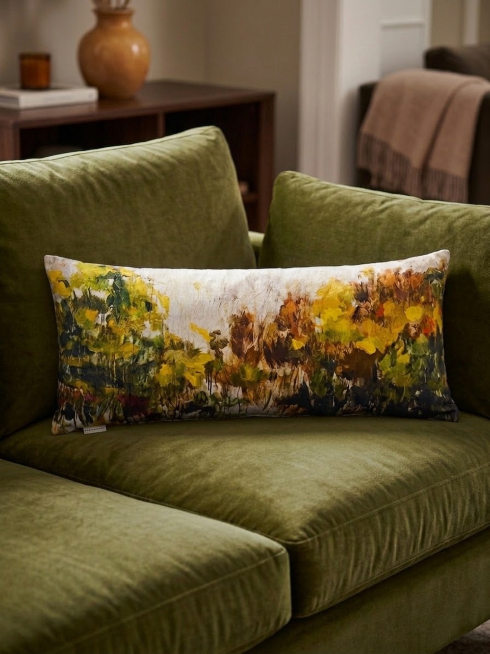 Pottery Barn Green and Yellow Botanical Lumbar Pillow